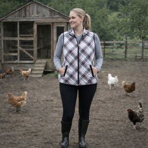 Karen Scott Sport 3X Quilted Plaid Puffer Vest | Pink Black White | Plus Size 28